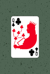 Queen, Clubs suit. Poker gambling playing printable card. Vector illustration. Cartoon character silhouette. A woman with a crown and a flower. Design number 2.