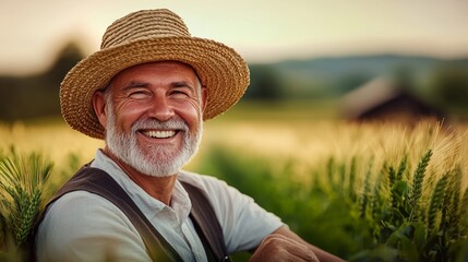 Fototapeta premium Man wearing a straw hat and a vest is smiling in a field of wheat. Concept of happiness and contentment, as the man is enjoying his time outdoors