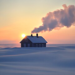 Lonely House In Snowy Landscape At Sunset
