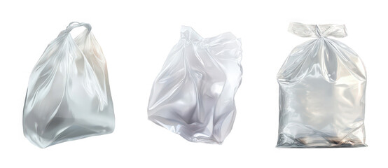 Fototapeta premium Three crumpled transparent plastic bags on a white background.