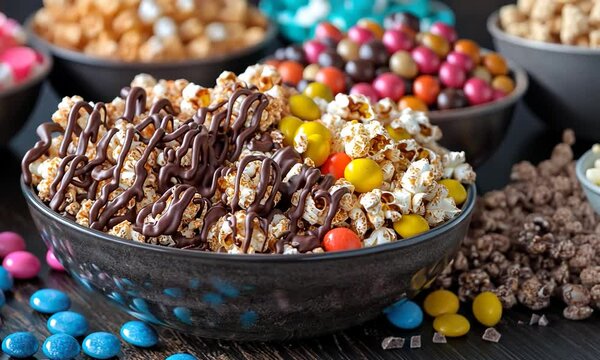 gourmet popcorn drizzled with chocolate and candy pieces orbit left video