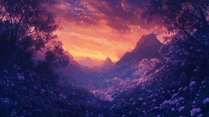 Naklejka premium Enchanted Sunset: A Serene Mountain Valley Bathed in Purple Hues