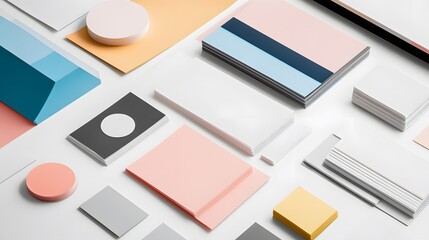 A stack of printed brand guidelines and design elements, isolated on a white background.