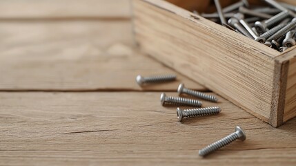 Metal screws scattered from a wooden box on a wooden surface, highlighting industrial tools and construction materials.