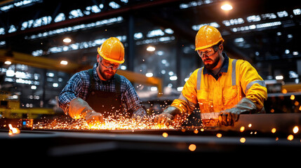 Two workers in safety gear create sparks in metal workshop, showcasing teamwork and craftsmanship. warm glow of molten metal adds to industrial atmosphere
