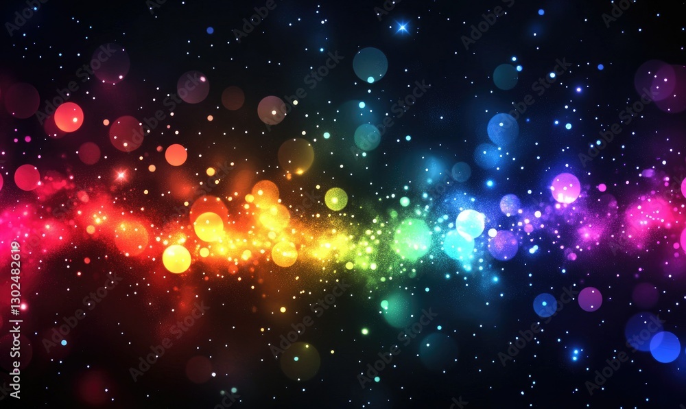 Poster abstract rainbow bokeh background with sparkling lights on a dark backdrop. multicolored circles and