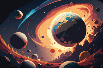 Galactic Fantasy Landscape vector illustration. A vibrant alien planet with glowing crystal formations, a star-filled sky with swirling nebulas, and twin moons casting soft light over the terrain.
