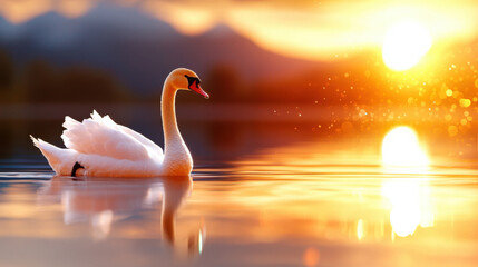 Fototapeta premium serene landscape featuring swan gliding on tranquil lake at sunset, reflecting warm colors and creating peaceful atmosphere