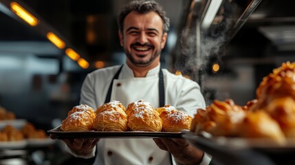 Cheerful chef is holding a tray of delicious pastries, ready to be served to customers. The pastries are arranged neatly on the tray, and the chef's smile suggests that he is proud of his creations