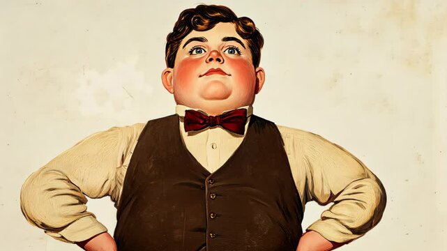 Vintage Advertisement Illustration Featuring Rotund Boy with Bow Tie and Vest in Classic Art Style for Retro Design Concepts and Historical Art Applications