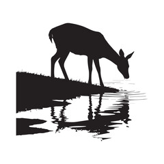 A black silhouette of a deer drinking water from a stream