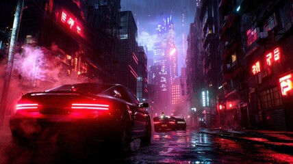 A futuristic cityscape at night, featuring neon lights and sleek cars in a wet, reflective environment.