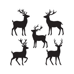 A striking and elegant black deer silhouette in a variety of styles, against a clean white background.