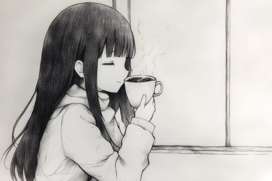 Discover a minimalist pencil sketch of an anime girl in this artistic image, featuring details like a clock and vase for a serene aesthetic touch.