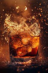 A dramatic splash of whiskey with ice cubes in a glass, illuminated by warm golden light, creating a dynamic and moody atmosphere