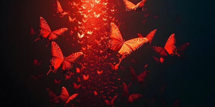 Crimson Flight: A swarm of vibrant red butterflies ascend against a mysterious, shadowy backdrop, their delicate wings catching the light in a breathtaking display.