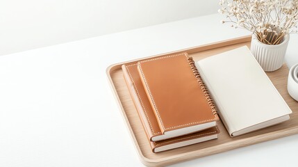 Minimalist workspace with notebooks and dried flowers on a wooden tray, promoting organization and productivity.