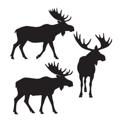 A set of three moose silhouettes in black, isolated on a white background