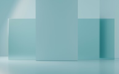 Modern minimalist space featuring light blue geometric shapes and elegant design elements in a tranquil setting. 3d render