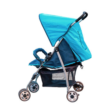 Blue baby stroller isolated on transparent background, side view