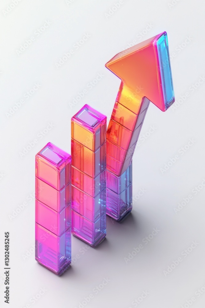 Poster a bright arrow pointing upwards hovers above a glossy bar graph, symbolizing progress and growth in 