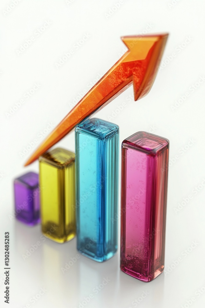 Poster brightly colored bars in various heights display positive growth with an upward pointing arrow, repr