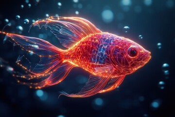 Fototapeta premium A stunning red fish made of intricate wire elegantly navigates through a tranquil underwater environment, creating a mesmerizing display