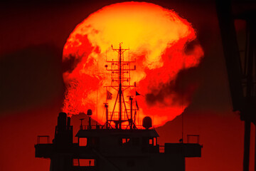 背後の昇る朝日と煙と船橋とマスト20241225-4