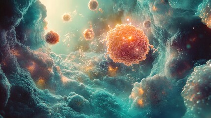 Fototapeta premium Illustration of Tumor Microenvironment Featuring Cancer Cells, T-Cells, and Nanoparticles in Oncology Research