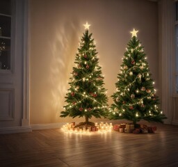 A Christmas tree decorated with fairy lights and candles, garland, warm light, Christmas tree