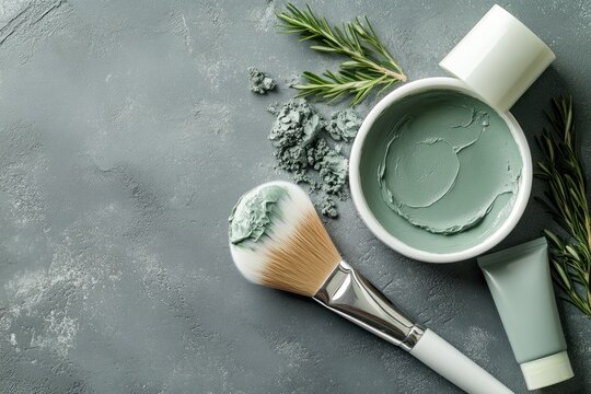 Bowl of green clay mask sits next to a brush and a small tube on a smooth gray background, showcasing skincare application tools