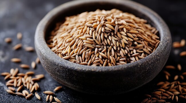 A dark bowl holds a generous amount of cumin seeds surrounded by scattered seeds on a textured surface, showcasing their natural warmth and color