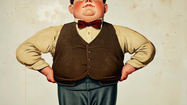 Vintage Advertisement Illustration Featuring Rotund Boy with Bow Tie and Vest in Classic Art Style for Retro Design Concepts and Historical Art Applications