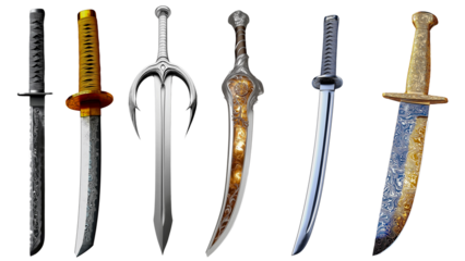 Collection of six intricately designed swords displayed in a row showcasing different styles and craftsmanship