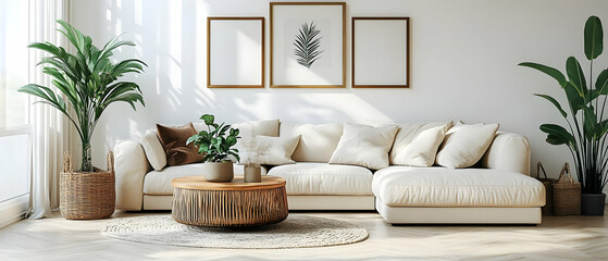 Modern living room, sectional sofa, plants
