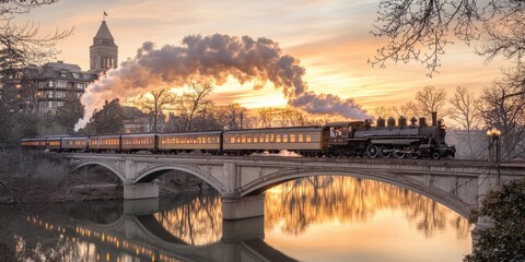 Steam Train on Bridge at Sunrise over City