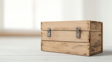 Rustic wooden box with metal latches on a light wooden surface, bathed in natural window light.