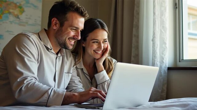Man and woman are looking at a laptop together. They are smiling and seem to be enjoying their time together