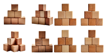 Stacked Wooden Blocks in Various Arrangements for Creative Play, Bundle Set Collection, Isolated on Transparent Background