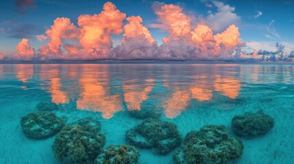 Coral reef sunrise reflection underwater