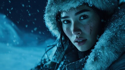 Movie style photo, a woman in snow, wearing a thick fur lined hooded jacket, her face partially obscured by hair under cold blue light, with a frightened expression, extreme cold weather.