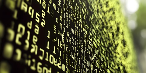 Digital Data Stream: A close-up view of a dynamic digital data stream with a greenish tone, showcasing a complex and intricate network of information and symbols.
