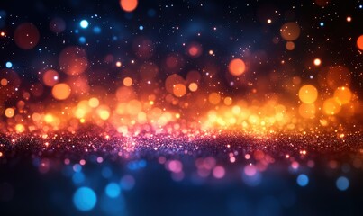 Obraz premium Abstract blurred bokeh background with multicolored lights, orange, blue, and red glitter, and dark background, perfect for festive or celebratory themes