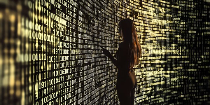 Decoding the Digital Matrix: A woman stands before a dynamic wall of binary code, seemingly interacting with the data stream, in a futuristic, tech-driven setting.