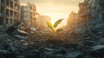 Hope sprouts from rubble at sunset