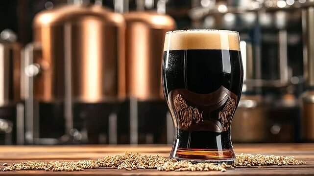 A pint of dark stout beer on a wooden table, framed by copper brewing tanks and scattered barley grains, highlighting the craft brewing process.