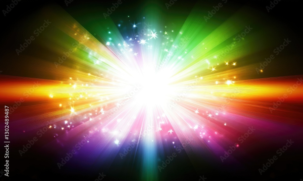 Poster vibrant explosion of colorful light rays radiating outward from a central white burst against a dark