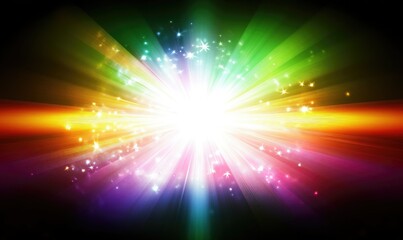 Fototapeta premium Vibrant explosion of colorful light rays radiating outward from a central white burst against a dark background with shimmering effects and textures. Multicolored streaks and glitter particles. High