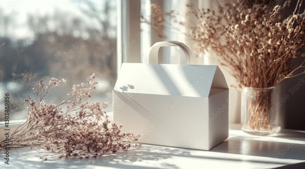 Poster an empty white food box sits on a table next to dried flowers, illuminated by sunlight streaming thr