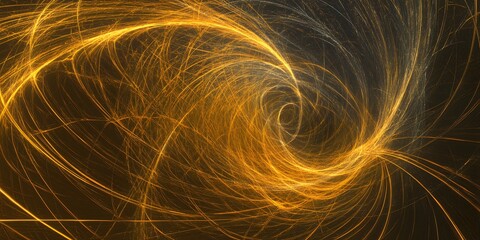 Naklejka premium Golden Energy: A vibrant display of golden energy swirls and flows across a dark background, creating a sense of movement and power